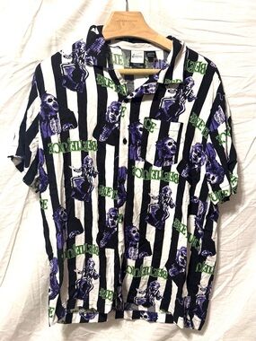 Beetle Juice Shirt Striped Character Print Lightweight Button Up Short Sleeve Lg
